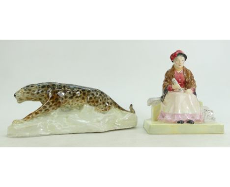 A ceramic model of a leopard signed by W.F.Miller and a Cheyne Chelsea figure attributed to Gwendoline Parnell, incised 'Chey
