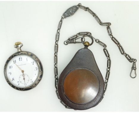 Silver Niello ware Pocket Watch and German 1914-1916 military steel watch case and chain