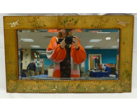 Decorative Arts rectangular inlaid and hand floral painted frame inlaid with mother of pearl birds 46 x 76cm.