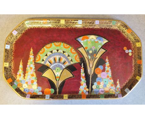 Carltonware Dressing Table Tray - Egyptian Fan design in coloured enamels and gilt, on a mottled red ground - pattern number 