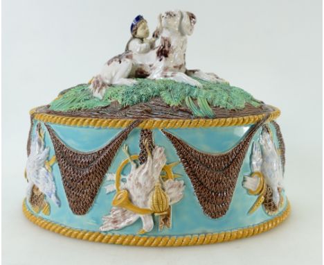 George Jones 19th century rare Majolica Game Dish &amp; lid with Boy and Hound finial.  Measuring 20cm high x 28cm wide x 19c