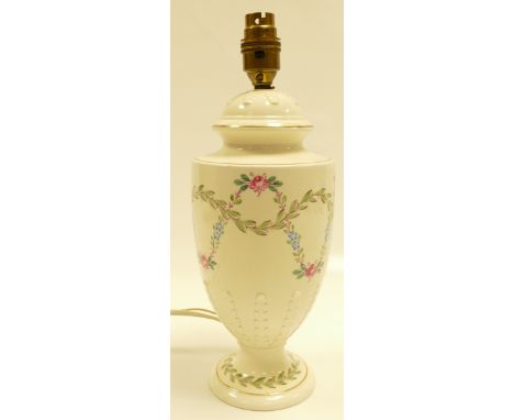Wedgwood Queensware lamp base handpainted with garlands of roses and leaves, height of pottery 26cm by Millicent Taplin. 