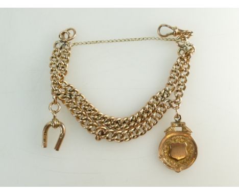 9ct Gold Bracelet formed from antique double watch chain Albert, with 9ct charm & fob medallion attached. 40.2g. Wearable len