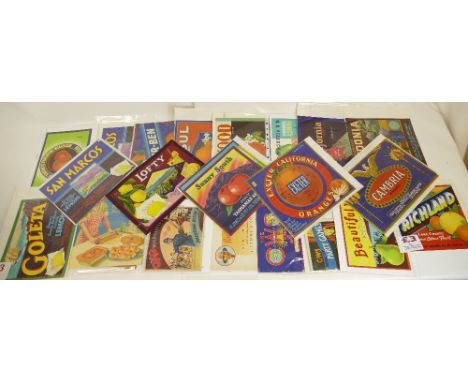 Twenty large size mid century Fruit packaging labels together with five Similar promotional shop signs (one of which is a Sax