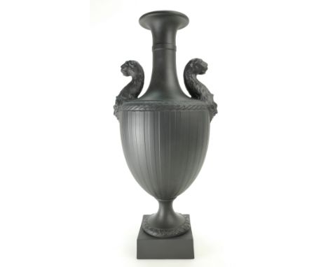 Wedgwood & Bentley prestige striped panther vase with black basalt engine-turned decoration, twin handled. No 26 in a Limited