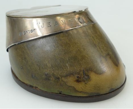 HORSES HOOF silver mounted trophy inkwell of Jeannette 1882.  Monogrammed top and glass well.  Extensive and well hallmarked 