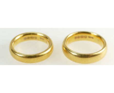 2 x 22ct Gold Wedding bands, size L & K.  Weight 19.1g.                   