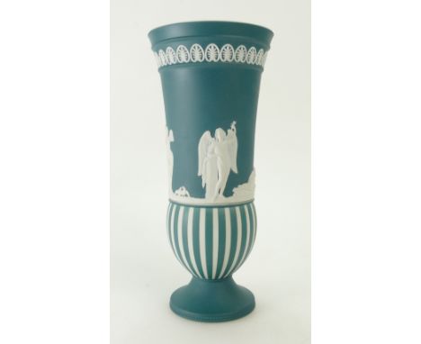 A prestige Wedgwood Teal Green Jasper Dip Striped Engine Turned Lovers Vase. Boxed. 24 cm in height.