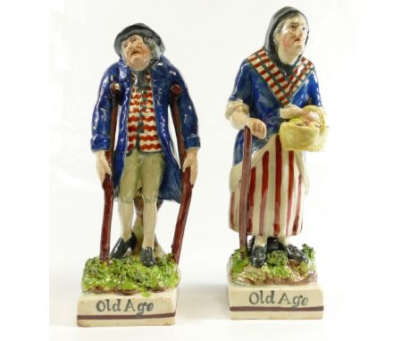 OLD AGE - Pair of Staffordshire figures, early 19th century pearl ware 22cm. (2)