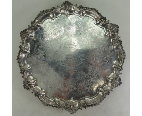 George III large silver salver, hallmarks for London 1831.  Measuring 44cm wide.  Weight 2039g.  Bears an extensive but light