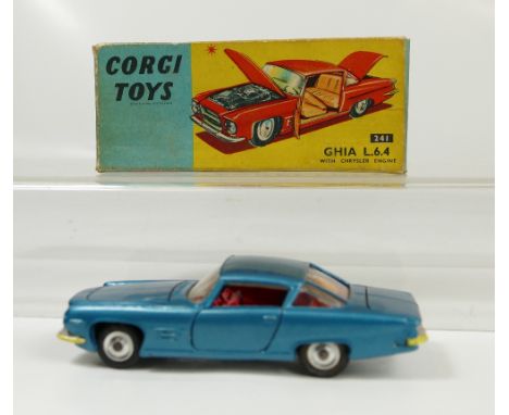 Corgi 241 Blue GHIA L.6.4 with Chrysler engine Good condition, cracks to windscreen, chip on bonnet. Minor chips/pain losses.