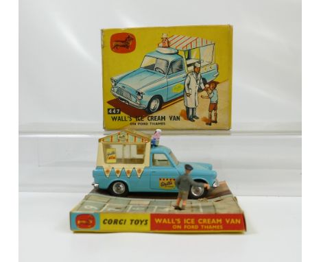 Corgi 447 Ford Thames Light Blue Walls Ice Cream Van with multi coloured top. In near mint condition and in original nearly g