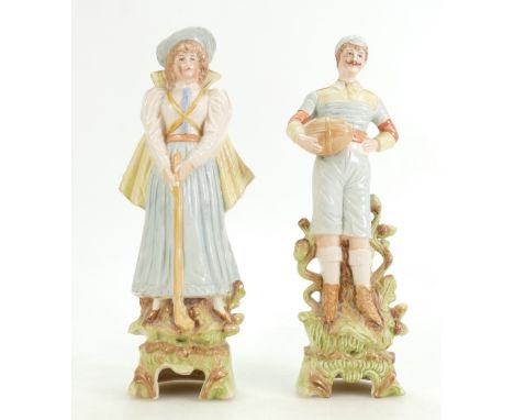 Two German bisque china sporting figures, circa 1900-1915, a rugby player (base broken and reglued with loss plus the neck ha