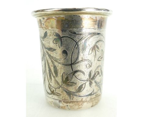 A fine solid silver and Niello Russian mid / late 19th century Kiddish cup.  The mid section engraved with a wide band of ena