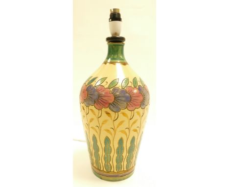 Wedgwood earthenware straw glazed lamp base incised and handpainted all around with flower heads and leaves, incised full sig
