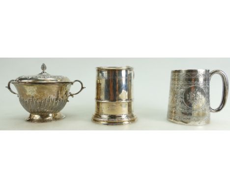 Victorian silver Christening mug London 1885, similar Sheff. 1935 both with engraved dedications, and a covered sugar bowl Sh