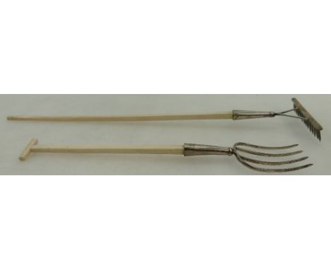 Continental Silver Tools stamped .800 - miniature garden fork & rake with bone / ivory handles.  Rake 28.5cm, fork 22xm. (2)