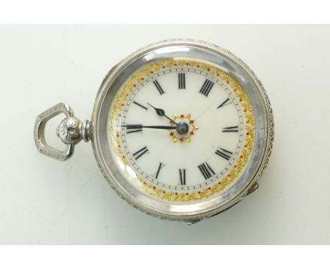 Ladies French silver Fob Watch, ornate case and gilded &amp; mother of pearl dial.