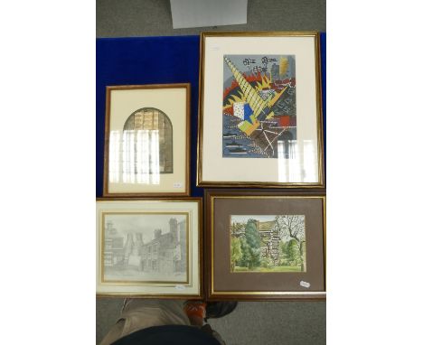 Contemporary War themed print together with a local interest watercolour, similar local themed watercolour and print. (4).