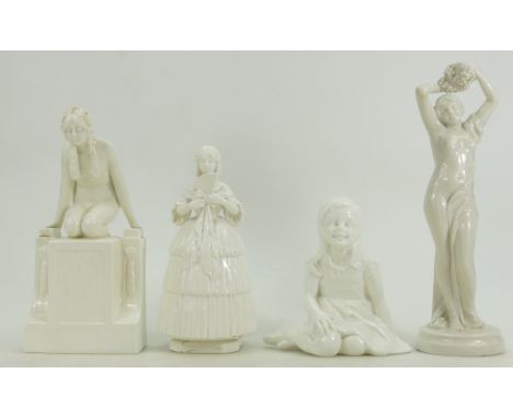 Four rare Royal Worcester white figures comprising 'Grapes' by Francois Clemencin, shape 2799, a Kneeling Nude, 'Judy' by Fre