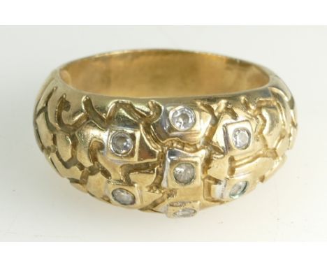 Large Gents 9ct Gold Dress Ring set white stones, weight 11.3g. Exceedingly large ring size, off the UK ring scale, but inter