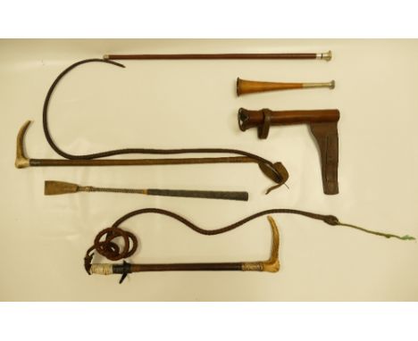 A collection of Equestrian items including Hunting Horn, whips etc