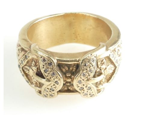 Spectacular 9ct Gold Gents / men's BUCKLE  ring of huge proportions, set with small white gemstones and weighing 31.8g.  Exce