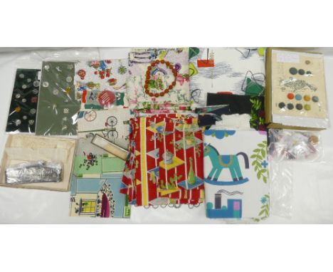 A variety of 1950's/60's fabric samples, various retro plastic button sets, and other vintage pieces. Including a fantastic 1