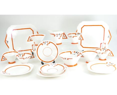 A Shelley Vogue shape teaset for six, pattern no.11739, comprising milk jug and sugar basin, six cups and saucers, six side p