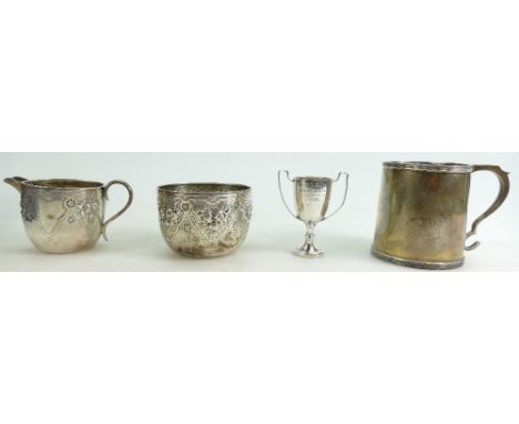 Group of Silver items including, christening mug (worn marks), sugar bowl and cream jug (Sheff 1886), together with a small t