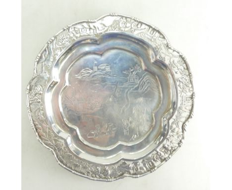 Chinese silver coloured metal salver / waiter / card tray with pierced and engraved decoration. Bearing Chinese mark and WS o