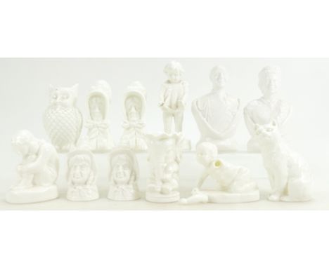 Twelve Royal Worcester small figures and candle snuffers, all in white including Elephant jug, Owl pepper pot, Sleepy Boy, Jo