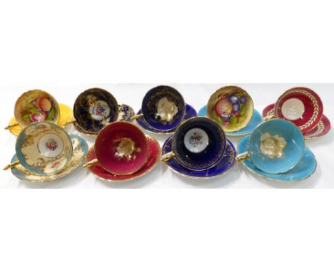 A collection of quality Aynsley floral cups and saucers each decorated in different designs and one odd cup with fruit (19)