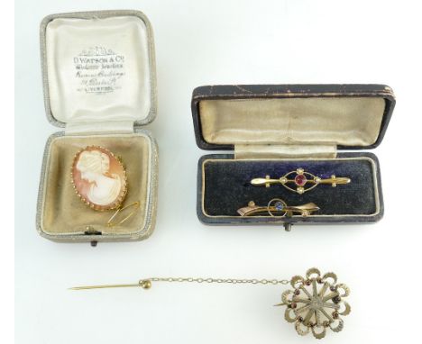 15ct Gold Brooch set with pearls & red gemstone 2.1g, small 9ct Sapphire Brooch, 9ct gold mounted Cameo Brooch (6.9g gross) a