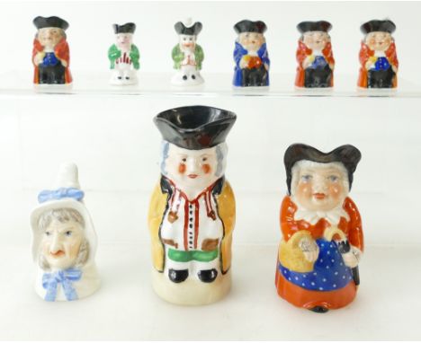 Eight Royal Worcester miniature Toby jugs dated 1937, together with a candle snuffer Mrs Caudle dated 1952 (8)