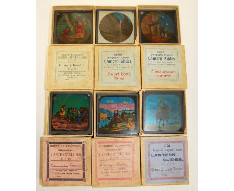 Six boxed sets of lithographic Magic Lantern slides, each containing 12 slides, 3.25cm x 3.25cm. The six titles include - The