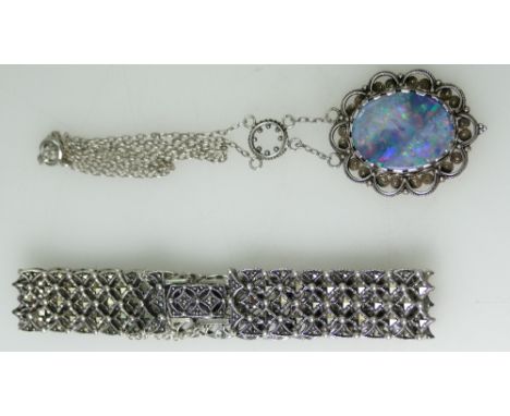 Silver Opal Pendant and chain and an ornate silver Bracelet, 38.8 grams