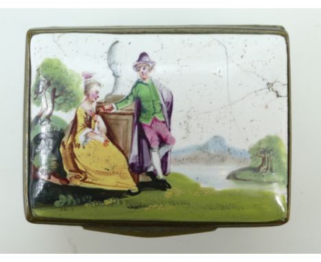 18th century Bilston enamel pill box decorated with a courting couple in a garden, length 6.5 x 5cm (some crazing to enamel)