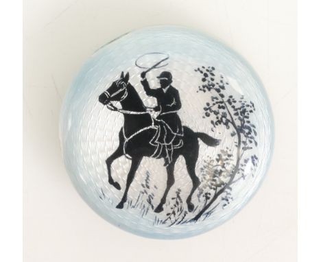 Continental Silver, Neillo &amp; Guilloche enamel large pill / patch / powder box, depicting horse &amp; rider which is detai