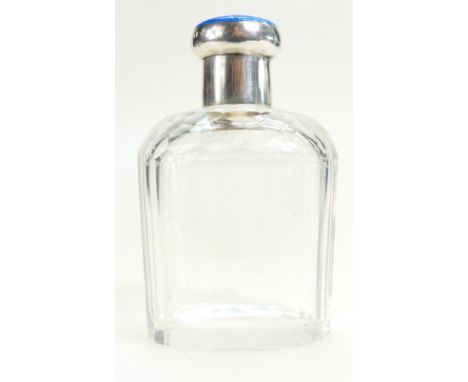 Guilloche enamel &amp; silver top perfume bottle, chips to edge of base, enamel good. Screw top with internal ground glass st