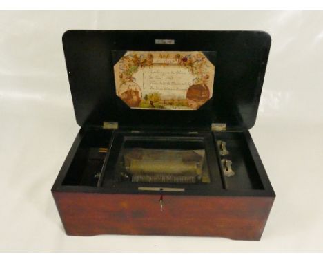 Musical Box playing 4 tunes / airs in stained wooden case measuring 35.5 cm wide.  In playing order, with no teeth missing fr