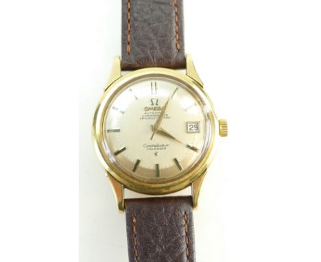18ct Gold Omega Gentlemans Constellation calendar automatic chronometer wristwatch with Pie Pan dial with new leather strap