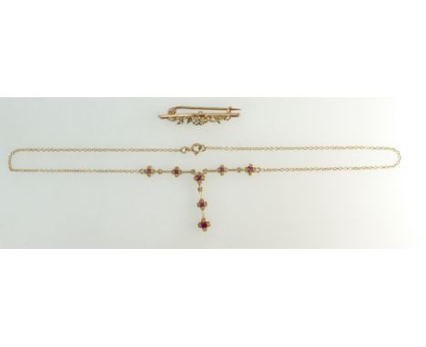 9ct Victorian Rose Gold Seed Pearl Brooch and a 9ct gold Ruby Brooch and necklace, 6.6 grams.