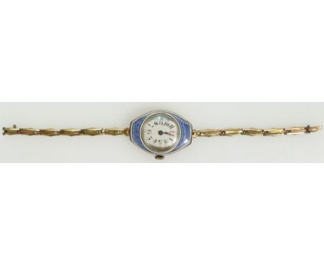 Guilloche &amp; gilt metal ladies WRISTWATCH, enamel good, bracelet a/f. Watch 30mm high, NOT including lugs.  Watch not work