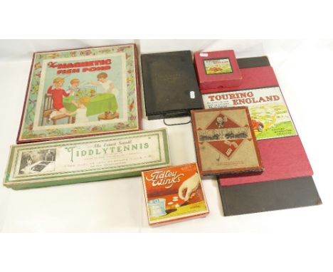 BOARDGAMES AND MISC ITEMS. Including 1950's Monopoly set with board, Touring England Map game and board, Ernest Sewell Tiddly