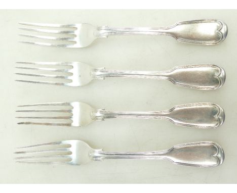 Four Geo. III silver forks, London 1833. maker W.C. Crests engraved to reverse. Weight 209.6g. (4)