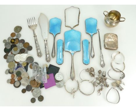 Silver &amp; silver coloured metal jewellery &amp; items including cigarette case, sugar bowl and scrap silver with enamel de