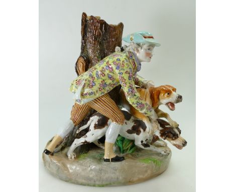 19th century large Meissen style figure group/spill vase as a man with two snarling dogs by tree trunk, height 40cm, length 3
