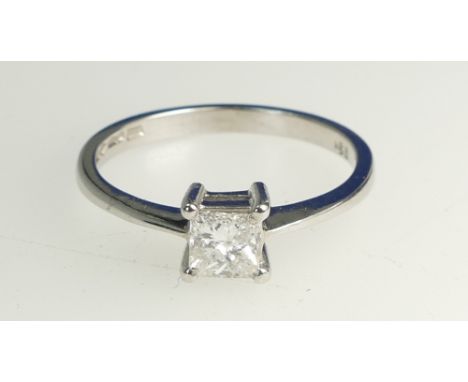 18ct White Gold Diamond Solitaire ring, Princess cut approx 0.50 ct, colour J/K clarity P, size O/P, 3.7 grams.
