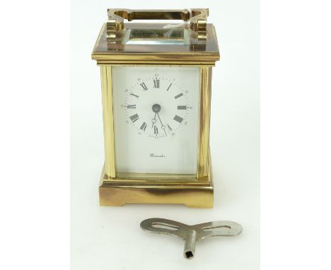 19th century brass Carriage clock, the dial marked Worcester Made in England, with key, height 15cm